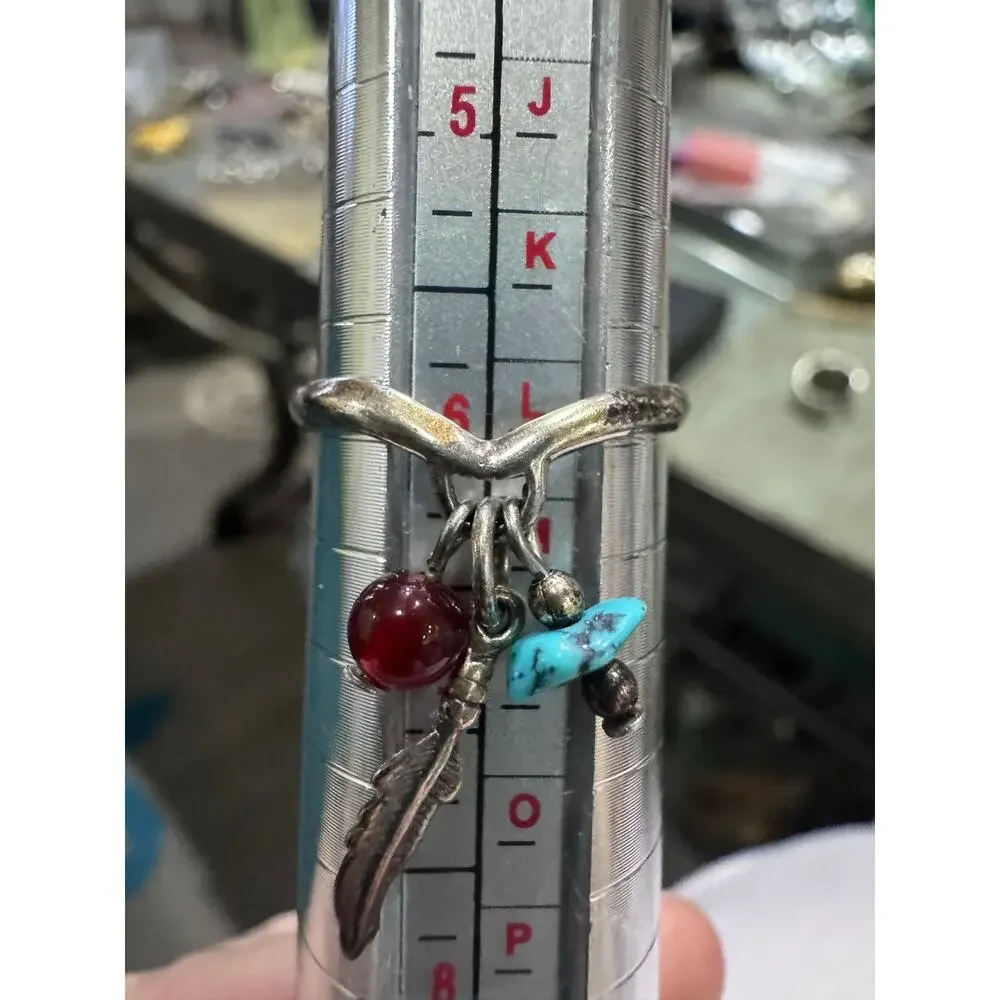 925 Sterling Silver Southwestern Charm Ring – Turquoise, Feather, Red Stone